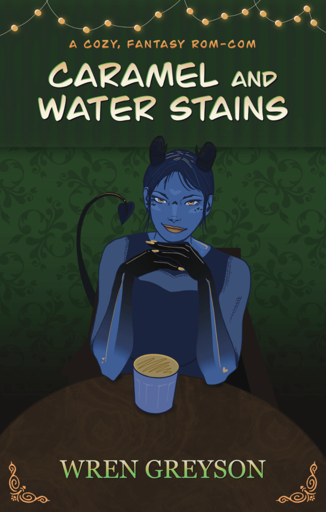 front cover of second edition of caramel and water stains, depicts Ket, a blue woman with horns and a tail