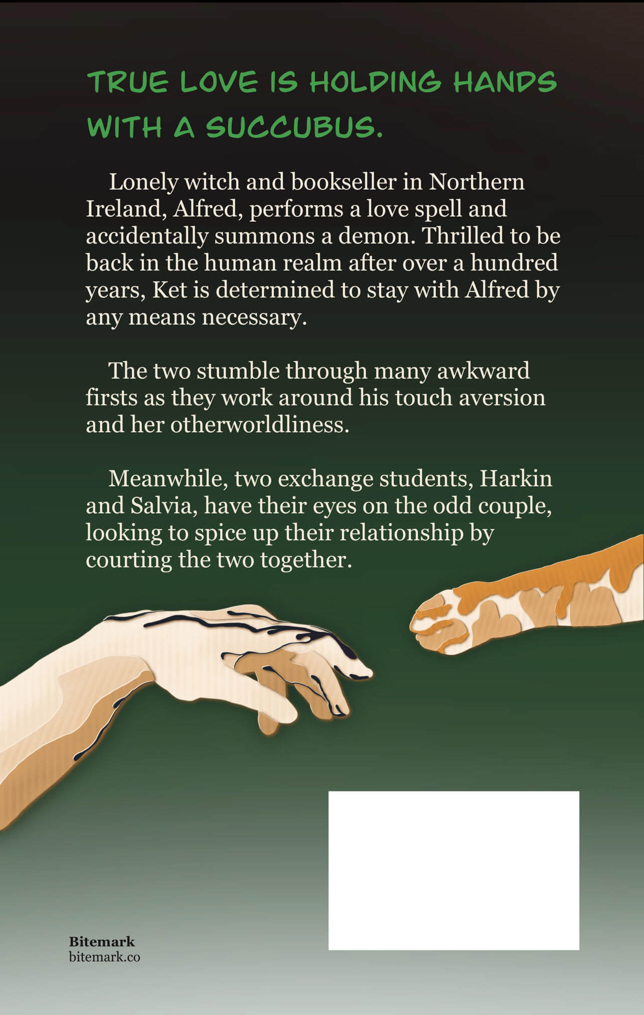 caramel and water stains back cover, text "True love is holding hands with a succubus"