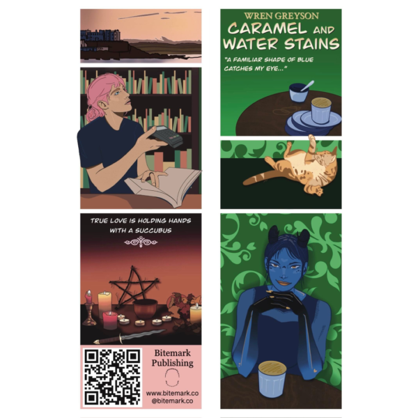 shows front and back of ket and alfred bookmark, text reads "True love is holding hands with a succubus" on back, and "wren greyson, caramel and water stains, a familiar shade of blue catches my eye..." on front